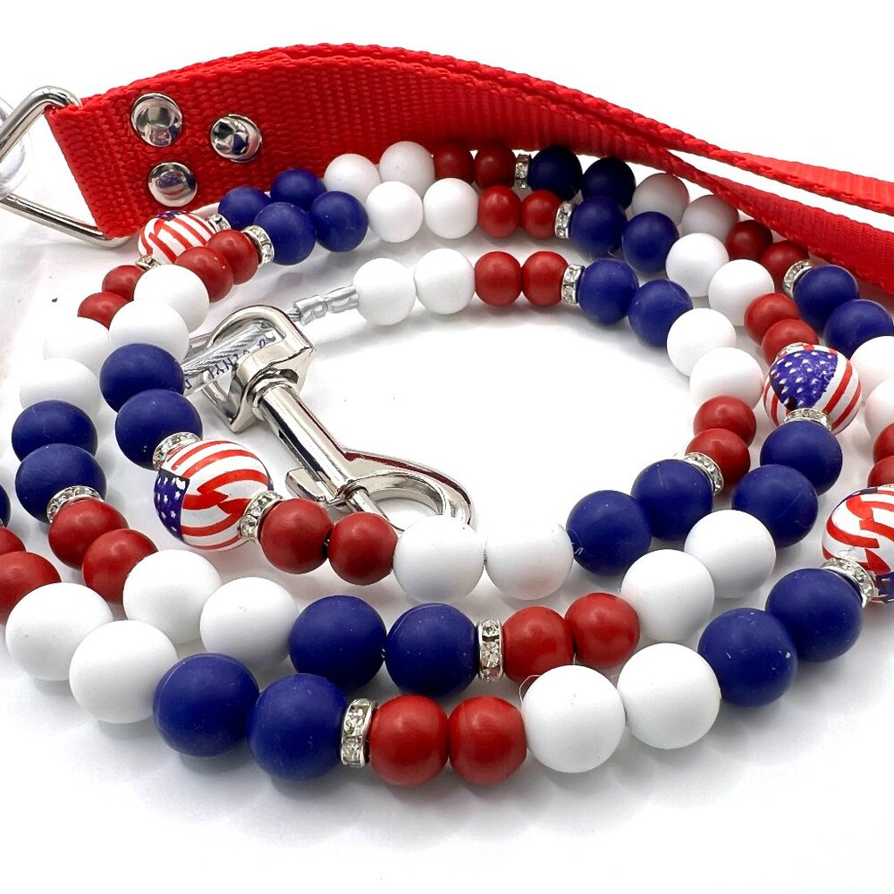 Dog Leash - Boujee Patriotic Beaded - Handmade - Beads, Rhinestones